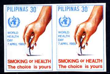 Philippines 1980 World Health Day 30s Anti-Smoking imperf pair unmounted mint as SG 1585, stamps on , stamps on  stamps on smoking, stamps on  stamps on medical, stamps on  stamps on tobacco