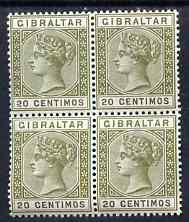 Gibraltar 1889-96 Spanish Currency 20c olive-green & brown block of 4 unmounted mint SG 24 cat £108 as mounted singles, stamps on , stamps on  qv , stamps on 