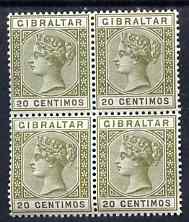 Gibraltar 1889-96 Spanish Currency 20c olive-green & brown block of 4 unmounted mint SG 24 cat Â£108 as mounted singles, stamps on , stamps on  stamps on , stamps on  stamps on  qv , stamps on  stamps on 