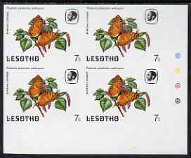 Lesotho 1984 Butterflies African Leopard 7s imperf with background colour omitted, unmounted mint colour dot block of 4, stamps on , stamps on  stamps on butterflies