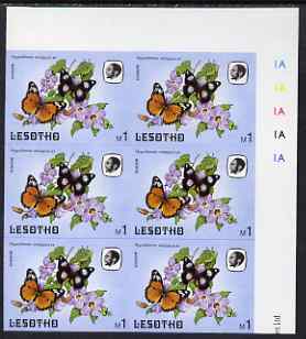 Lesotho 1984 Butterflies Diadem Butterfly 1m imperforate, unmounted mint plate block of 6, stamps on butterflies