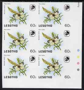Lesotho 1984 Butterflies Meadow White 60s imperf proof with background colour omitted, unmounted mint colour-dot block of 6, stamps on , stamps on  stamps on butterflies