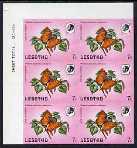 Lesotho 1984 Butterflies African Leopard 7s imperforate, unmounted mint corner block of 6, minor creasing hence price, stamps on butterflies