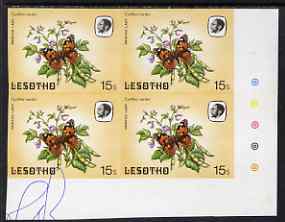 Lesotho 1984 Butterflies Painted Lady 15s imperforate, unmounted mint colour-dot block of 4, some ink notations in margin and one stamp, probably a printers note, stamps on butterflies