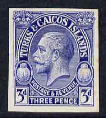 Turks & Caicos Islands 1928 KG5 Postage & Revenue 3d in blue imperf plate proof on thin card, as SG 181, stamps on , stamps on  kg5 , stamps on cactus, stamps on cacti
