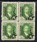 Iraq 1932 Official 3f on 1/2a green unmounted mint block of 4 with superb 100% offset on 2 stamps SG O122, stamps on 