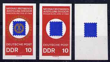 Germany - East 1969 Stamp Exhibition 10pf IMPERF progressive proofs comprising blue only, red & blue plus completed design as issued, a rare group as SG E1199, stamps on stamp exhibitions