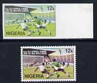 Nigeria 1973 Second All Africa Games 12k imperf marginal proof with red omitted plus perf normal, both unmounted mint, only one sheet believed to exist, as SG 308, stamps on football