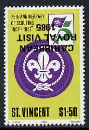 St Vincent 1985 Caribbean Royal Visit on $1.50 Scout Anniversary with overprint inverted, unmounted mint as SG 936, stamps on , stamps on  stamps on royalty, stamps on  stamps on royal visits, stamps on  stamps on scouts