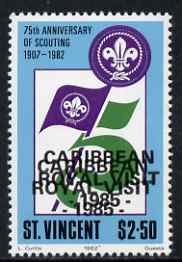 St Vincent 1985 Caribbean Royal Visit on $2.50 Scout Anniversary with overprint doubled, unmounted mint as SG 939, stamps on royalty, stamps on royal visits, stamps on scouts