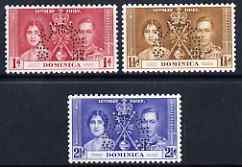 Dominica 1937 KG6 Coronatio set of 3 perforated SPECIMEN (Samuel type Bradbury Wilkinson B9) fine with gum and only 415 sets produced, SG 96-8, stamps on , stamps on  kg6 , stamps on coronation, stamps on royalty