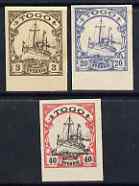 Togo 1900 Yacht Type set of 3 imperf Forgeries unused (3pf, 20pf & 40pf, latter without gum), stamps on , stamps on  stamps on forgery, stamps on  stamps on forgeries, stamps on  stamps on ships