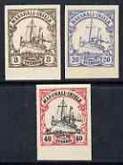 Marshall Islands 1901 Yacht Type set of 3 imperf Forgeries unused (3pf, 20pf & 40pf, latter without gum), stamps on , stamps on  stamps on forgery, stamps on  stamps on forgeries, stamps on  stamps on ships