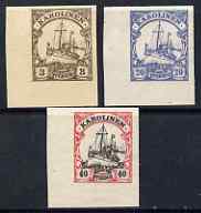 Caroline Islands 1901 Yacht Type set of 3 imperf Forgeries unused (3pf, 20pf & 40pf, latter without gum), stamps on , stamps on  stamps on forgery, stamps on  stamps on forgeries, stamps on  stamps on ships