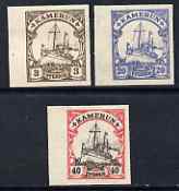 Cameroun 1900 Yacht Type set of 3 imperf Forgeries unused (3pf, 20pf & 40pf, latter without gum), stamps on , stamps on  stamps on forgery, stamps on  stamps on forgeries, stamps on  stamps on ships