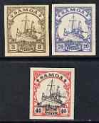 Samoa 1900 Yacht Type set of 3 imperf Forgeries unused (3pf, 20pf & 40pf, latter without gum), stamps on forgery, stamps on forgeries, stamps on ships