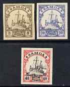 Samoa 1900 Yacht Type set of 3 imperf Forgeries unused (3pf, 20pf & 40pf, latter without gum), stamps on , stamps on  stamps on forgery, stamps on  stamps on forgeries, stamps on  stamps on ships