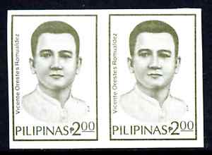 Philippines 1985 Romualdez 2p imperf colour trial proof pair in grey-green on gummed paper (issued stamp was in bright magenta) unmounted mint as SG1927, stamps on , stamps on  stamps on 