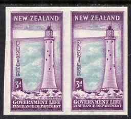 New Zealand 1947-65 Life Insurance 3d Lighthouse imperf pair on gummed watermarked paper, unmounted mint as SG L46, stamps on lighthouses, stamps on rescue, stamps on  kg6 , stamps on 