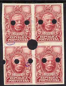 Portugal 1925 Castelo Branco undenominated working proof block of 4 in claret with Waterlow & Sons security punctures, without gum ex archives, stamps on 