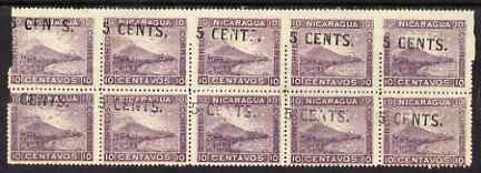 Nicaragua 1904 Surcharged 5c on 10c mauve fine unused block of 10 (no gum) with perforations incomplete and surcharge applied obliquely, a nice double error, stamps on 