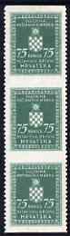 Croatia 1942-43 Official 75b green vertical strip of 3 with horizontal perfs omitted, top stamp mounted mint SG O57var, stamps on 