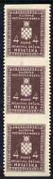 Croatia 1942-43 Official 4k purple-brown vertical strip of 3 with horizontal perfs omitted, top stamp mounted mint SG O62var, stamps on 
