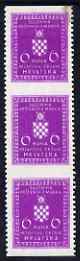 Croatia 1942-43 Official 6k violet vertical strip of 3 with horizontal perfs omitted, top stamp mounted mint with snall stain SG O64var, stamps on 