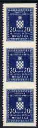 Croatia 1942-43 Official 20k dark blue vertical strip of 3 with horizontal perfs omitted, top stamp mounted mint SG O68var, stamps on , stamps on  stamps on croatia 1942-43 official 20k dark blue vertical strip of 3 with horizontal perfs omitted, stamps on  stamps on  top stamp mounted mint sg o68var