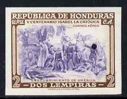 Honduras 1952 Fifth Birth Centenary of Isabella the Catholic 2c imperf colour trial proof in violet & brown with Waterlow security punch hole, as SG 500, stamps on religion, stamps on columbus