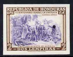 Honduras 1952 Fifth Birth Centenary of Isabella the Catholic 2c imperf colour trial proof in violet & brown with Waterlow security punch hole, as SG 500, stamps on , stamps on  stamps on religion, stamps on  stamps on columbus