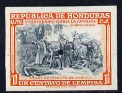 Honduras 1952 Fifth Birth Centenary of Isabella the Catholic 1c imperf colour trial proof in near issued colours with Waterlow security punch hole, as SG 499, stamps on , stamps on  stamps on religion, stamps on  stamps on columbus