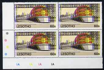Lesotho 1984 Railways of the World 60s Santa Fe Super Chief with superb shift of red and blue, corner plate block of 4 showing colours & check dots misplaced, unmounted mint (as SG 608), stamps on , stamps on  stamps on railways