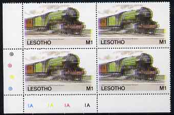 Lesotho 1984 Railways of the World 1m LNER Flying Scotsman with superb shift of red and blue, corner plate block of 4 showing colours & check dots misplaced, unmounted mi..., stamps on railways, stamps on scots, stamps on scotland