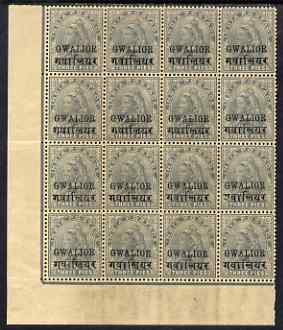 Indian States - Gwalior 1899 QV 3p grey block of 16 incl TALL 2 variety on R20/2, overall toning but unmounted mint and a scarce positional block, SG 39/e cat A3365, stamps on , stamps on  stamps on , stamps on  stamps on  qv , stamps on  stamps on 