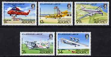 Guernsey - Alderney 1985 50th Anniversary of Airport perf set of 5 unmounted mint SG A18-22, stamps on , stamps on  stamps on aviation, stamps on  stamps on helicopters, stamps on  stamps on britten norman, stamps on  stamps on  dh , stamps on  stamps on  saro