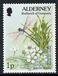 Guernsey - Alderney 1994-98 Flora & Fauna Defs 1p Damselfly & Flowers unmounted mint SG A60, stamps on flowers, stamps on insects