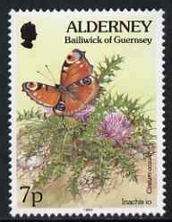 Guernsey - Alderney 1994-98 Flora & Fauna Defs 7p Peacock (butterfly) & Thistle unmounted mint SG A66, stamps on flowers, stamps on butterflies