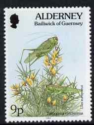 Guernsey - Alderney 1994-98 Flora & Fauna Defs 9p Grasshopper & Gorse unmounted mint SG A68, stamps on flowers, stamps on insects, stamps on 