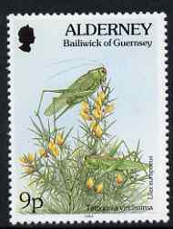 Guernsey - Alderney 1994-98 Flora & Fauna Defs 9p Grasshopper & Gorse unmounted mint SG A68, stamps on , stamps on  stamps on flowers, stamps on  stamps on insects, stamps on  stamps on 