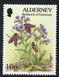 Guernsey - Alderney 1994-98 Flora & Fauna Defs 10p Moth & Flowers unmounted mint SG A69, stamps on flowers, stamps on butterflies