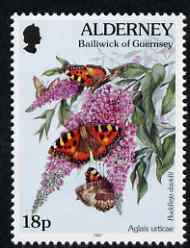 Guernsey - Alderney 1994-98 Flora & Fauna Defs 18p Small Tortoiseshell (butterfly) & Buddleia unmounted mint SG A70b, stamps on , stamps on  stamps on flowers, stamps on  stamps on butterflies, stamps on  stamps on 