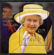 Guernsey - Alderney 2001 75th Birthday of HM The Queen perf m/sheet unmounted mint, SG MS A162, stamps on royalty