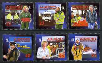 Guernsey - Alderney 2002 Community Services (2nd series) Emergency Medical Aid perf set of 6 unmounted mint SG A197-202, stamps on medical, stamps on nurses, stamps on nursing, stamps on ambulances, stamps on aviation, stamps on lifeboats, stamps on rescue, stamps on rescue at sea, stamps on 