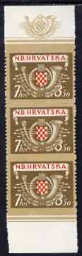Croatia 1944 Postal & Railway Employee's Relief Fund 7k + 3k50 Posthorn vert strip of 3 with horiz perfs omitted, fine mounted mint SG 123var, stamps on posthorn