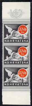 Croatia 1944 Postal & Railway Employee's Relief Fund 32k + 16k Winged Wheel vert strip of 3 with horiz perfs omitted, fine mounted mint SG 126var, stamps on , stamps on  stamps on posthorn