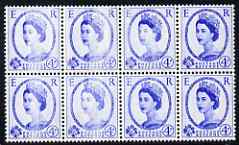 Great Britain 1952-54 Wilding 4d Tudor wmk block of 8 showing superb stripping flaw affecting 5 stamps, unmounted mint, stamps on 