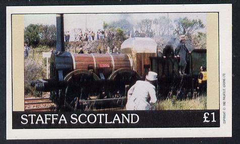 Staffa 1982 Early Steam Locos imperf souvenir sheet (£1 value) unmounted mint, stamps on railways