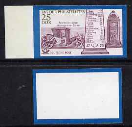 Germany - East 1971 Philatelists Day 25pf (Milestones & Cart) imperf marginal proof of completed design plus imperf proof of frame only, both unmounted mint, as SG E1424, stamps on mail coaches, stamps on postal
