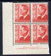 Australia 1951 KG6 3d red on thin paper, superb unmounted mint imprint block of 4 BW.251a cat $300+ (unpriced as imprint block), stamps on , stamps on  kg6 , stamps on 